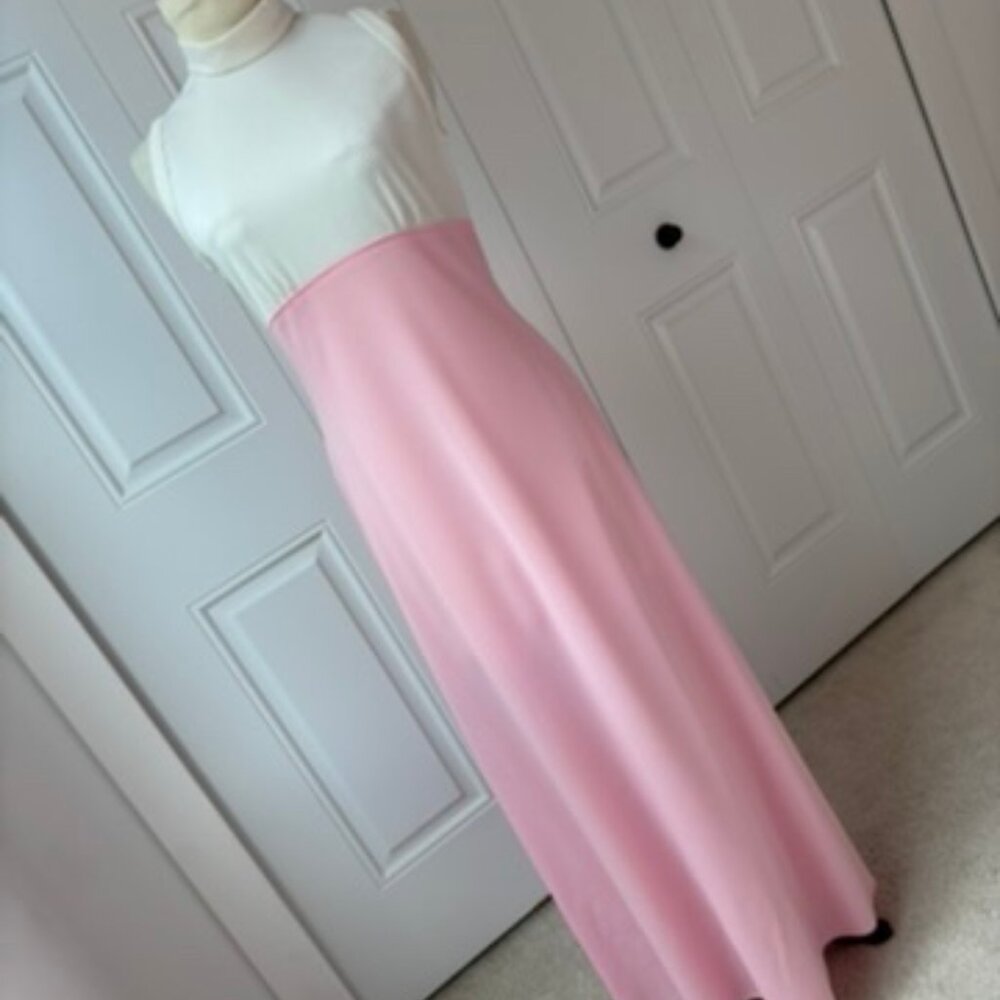 Vintage 1970s Pink and White Sleeveless Double Knit Maxi Dress